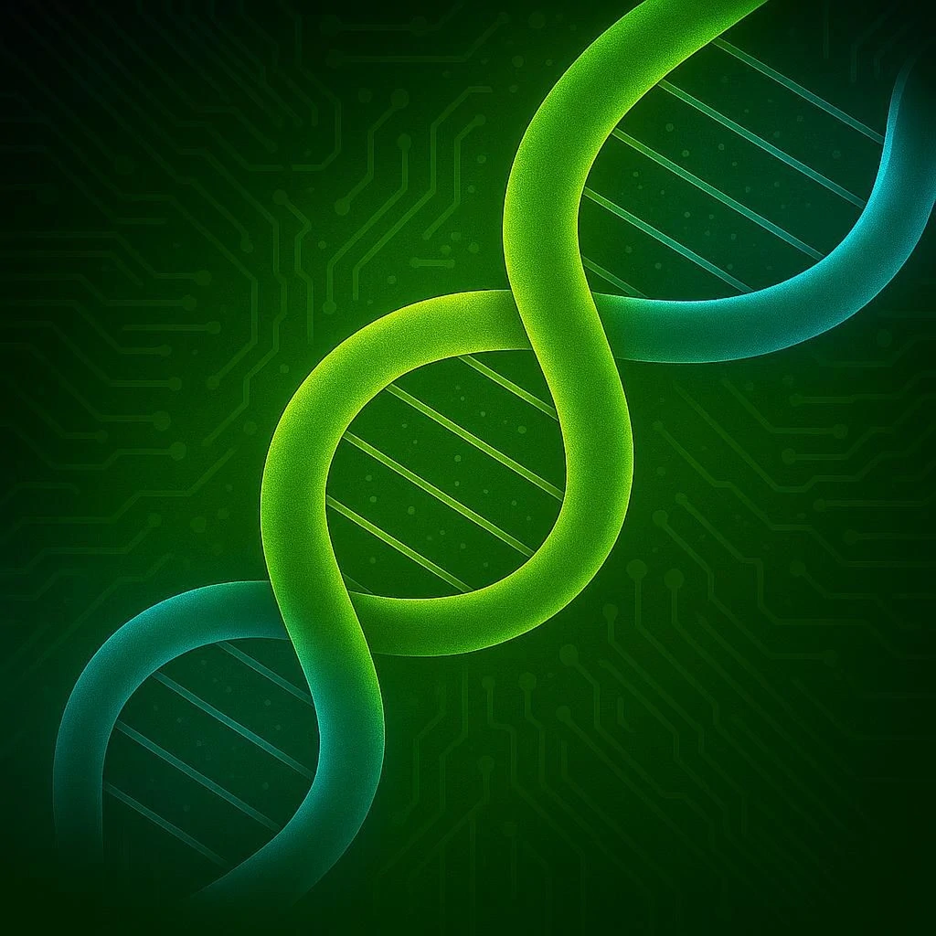 A glowing green DNA helix over a circuit-board pattern